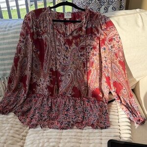 Knox Rose Red Multicolor Paisley Smocked Neck Blouse